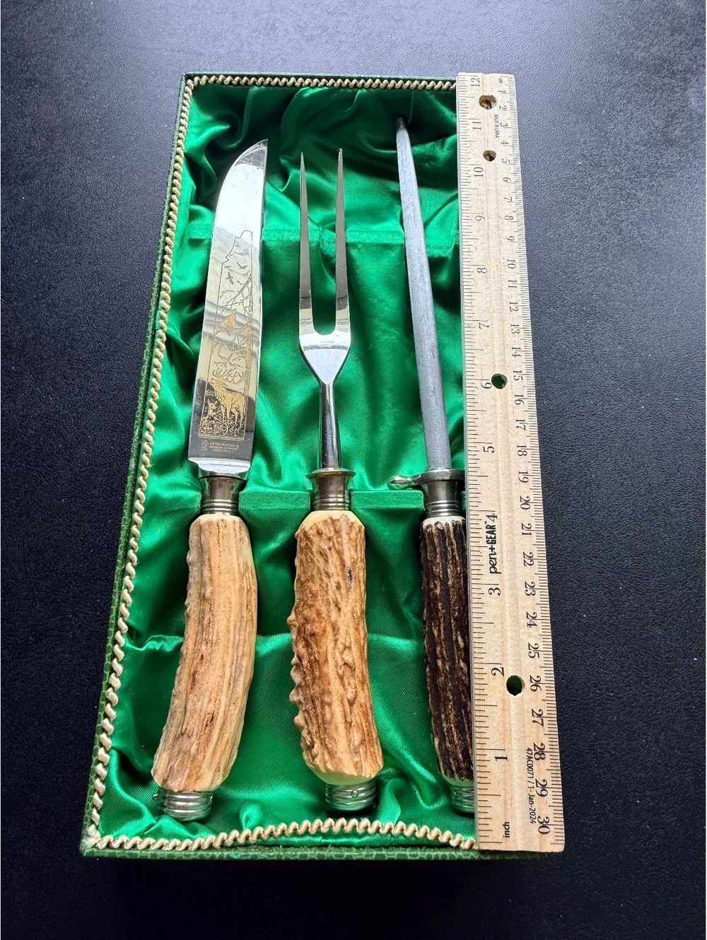 Vintage Anton Wingen Solingen Germany Stag Handle Carving Set Knife Fork Steel